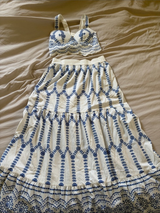 Commense Dresses & Skirts - Commense White Maxi Skirt with Blue Embroidered Pattern